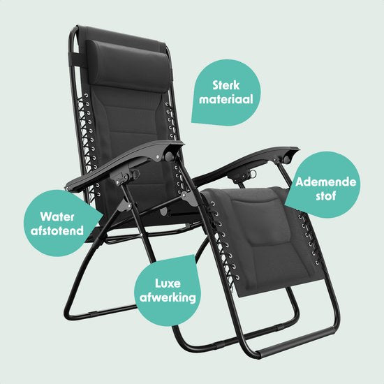 LifeGoods Lounger Comfort - klappbar - 30°-90° verstellbar - Tassen- und Telefonhalter - Gartenstuhl - Schwarz