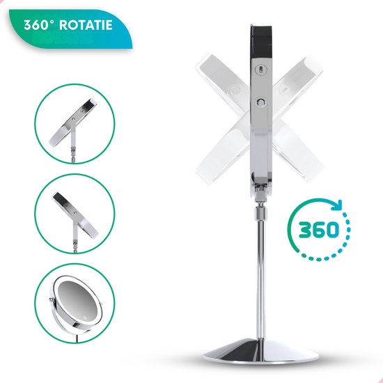 Mirlux Luxus-Make-up-Spiegel mit LED-Licht - 10-fache Vergrößerung - Verstellbar & wiederaufladbar - 3 Lichtstufen - Chrom - Make-up-Spiegel - Spiegel mit LED-Licht