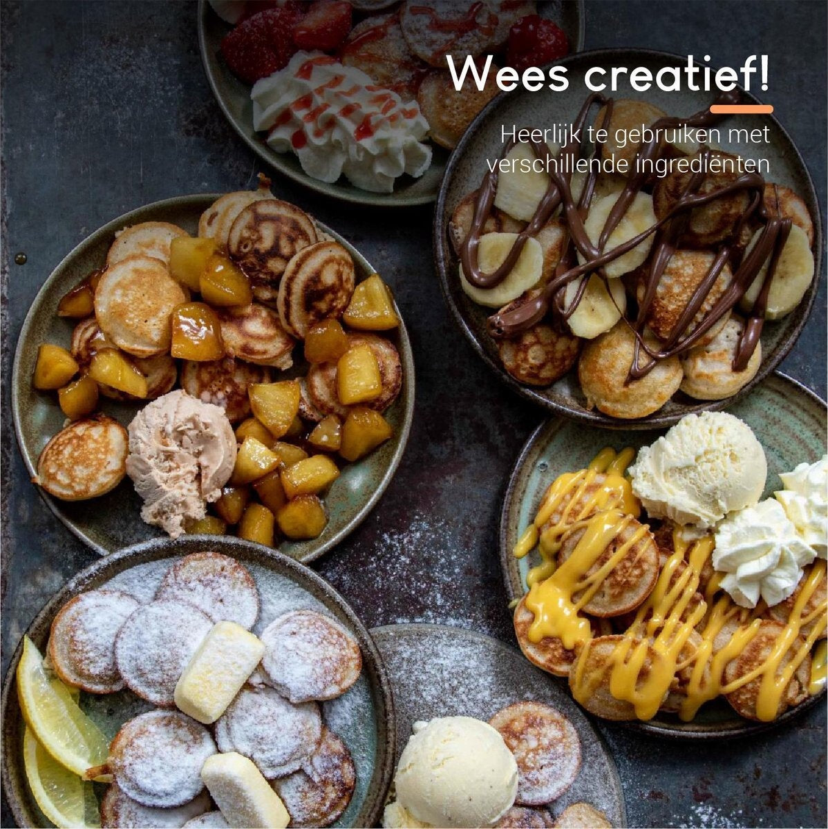 Ocina Poffertjes-Pfanne - Combo-Pack - 19 Poffertjes - Poffertjes-Maschine - Poffertjes-Pfanne Induktion - Poffertjes-Pfanne elektrisch - Gusseisenpfanne - Inklusive Spenderflasche, Griffe, 6x Poffertjes-Gabeln und Fettbürste - Gratis-Rezeptbuch