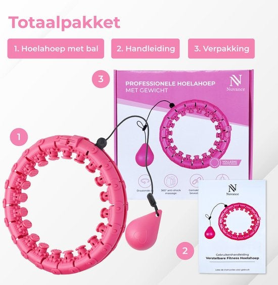 Nuvance verstellbarer Hula-Hoop-Reifen mit Gewicht - 24 + 5 Glieder - Inkl. eBook - Für Erwachsene und Kinder - Pink