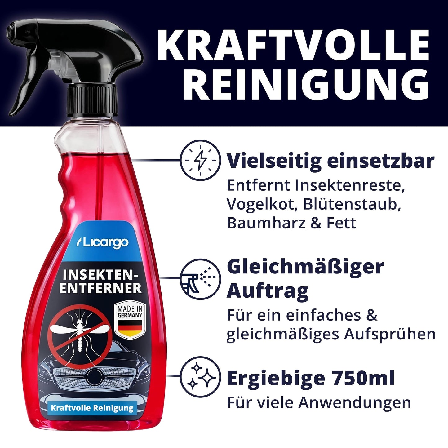 Licargo Insektenentferner – Autoreinigung und -pflege – 750 ml – für Glas und Lack – für Auto und Wohnwagen