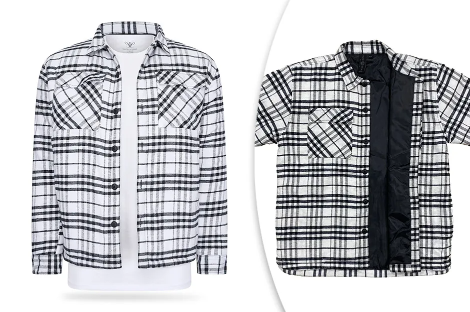 Warm gefüttertes Herrenhemd mit Karomuster – Flanellhemd für Herren – Weiß – XL