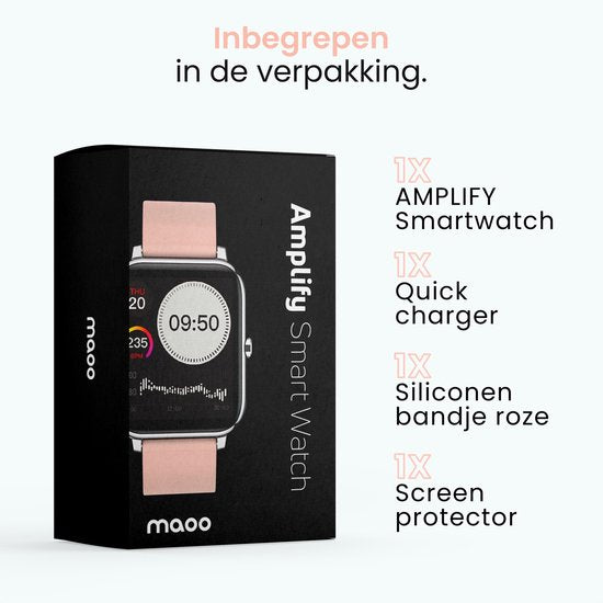 MAOO AMPLIFY Smartwatch - Inkl. Bildschirmschutz - Herzfrequenz, Blutdruck, Blutsättigung, Schlaf, Entfernung - Schrittzähler - Smartwatch Damen - Uhr - Weihnachtsgeschenk - Pink