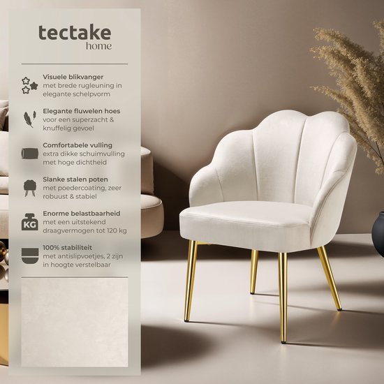 tectake Cocktailsessel - Gepolstert mit Samtbezug - Weich gepolstert - Geschwungene Rückenlehne - Beine aus pulverbeschichtetem Stahl - Creme/Gold