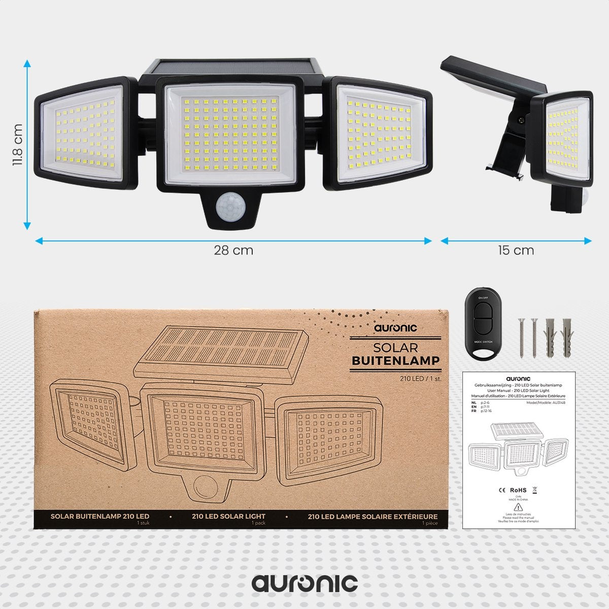 Auronic Solar Außenleuchte mit Bewegungssensor - Wandleuchte mit Sensor - Solar - 210 LEDs - IP65 - Schwarz