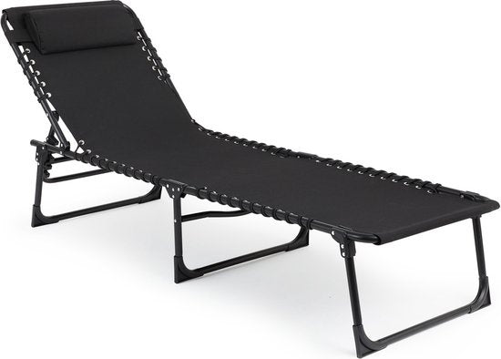 909 OUTDOOR Klappbare Liege - Liege mit Kissen & verstellbarer Rückenlehne - Schwarzer Gartenstuhl für Garten und Terrasse - Relaxsessel bis 110 kg max - 189 x 59 x 30 cm