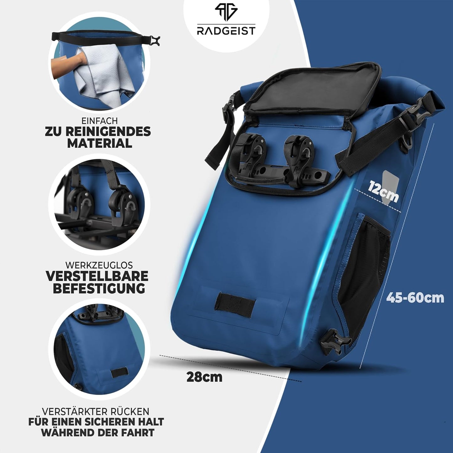 RADGEIST 3in1 Fahrradtasche für Gepäckträger I Fahrradtasche, Rucksack & Umhängetasche 18-22L I Tasche für Fahrrad 100% wasserdicht Blau