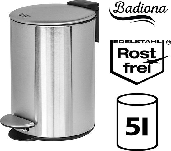 BADIONA Abfalleimer - Softclose-Deckel & herausnehmbarer Inneneimer - 5 Liter - 22 x 22 x 29 cm - Silber/Schwarz