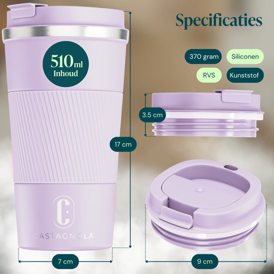 Castagnola Thermosbecher – Kaffeebecher zum Mitnehmen – Reisebecher für Kaffee und Tee – Teebecher – 510 ml – Edelstahl – Hellviolett