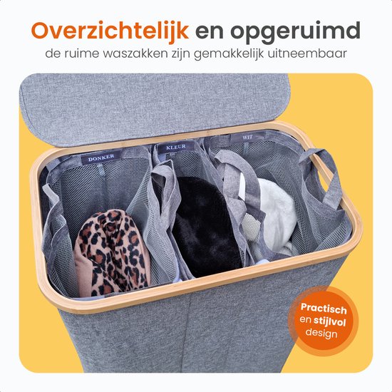 Goliving Wäschesortierer 3 Boxen - 150L - Faltbarer Wäschekorb mit Deckel - 3 herausnehmbare Taschen mit farbigen Etiketten - 57 x 37 x 66 cm - Grau