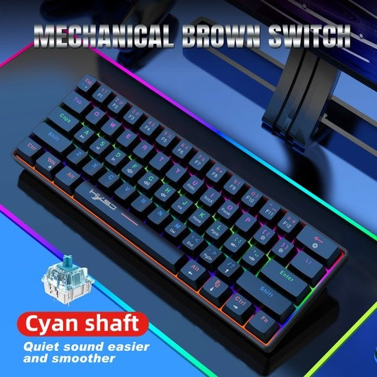 HXSJ V900 Wired Mechanical Gaming Keyboard - TKL - RGB-Beleuchtung - Ergonomisch - QWERTY - 61 Tasten - Blauer Schalter - Schwarz