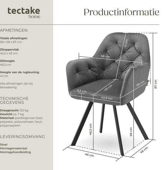 tectake - Drehstuhl in Samtoptik - Esszimmerstuhl mit Armlehnen - Ergonomischer Sitz und Rückenlehne - 180-Grad-Drehung - Moderner Stuhl mit Stahlbeinen - Verschiedene Farben - Anthrazit