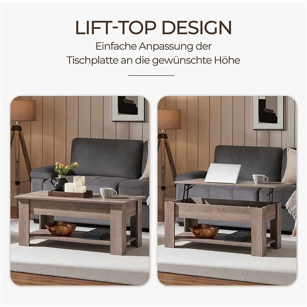 Yaheetech Couchtisch mit Hubplatte – Grau – 98 x 50 x 41,8/56 cm – Höhenverstellbar mit Stauraum