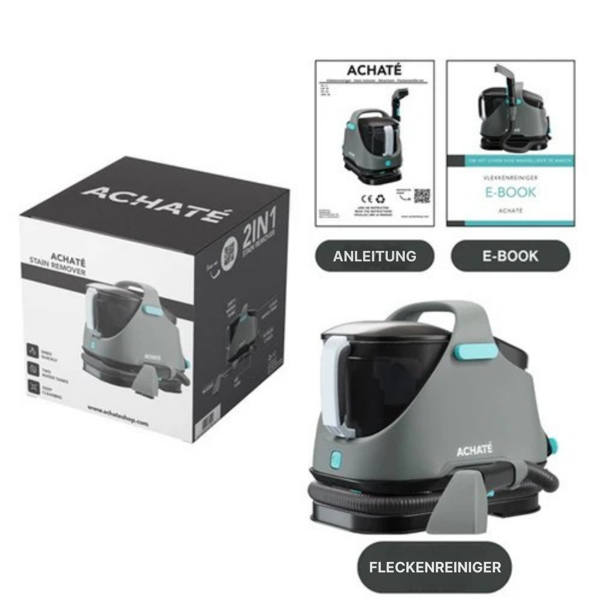 Achaté© - Fleckenreiniger - Teppich/- Sofa/- und Matratzenreiniger - 650W - 1400ml - Grau