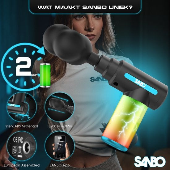 Sanbo Massage Gun Mini - Sport- und Entspannungsmassagegerät - Leistungsstark - Kabellos - Inklusive Koffer - Mit 5 Aufsätzen - Schwarz/Blau - Massage Gun Professional