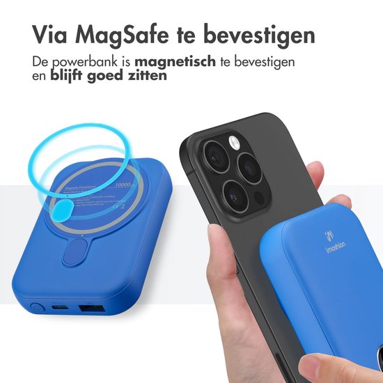 imoshion Powerbank 10000 mAh - Geeignet für MagSafe - Schnellladegerät 22,5W - LED-Anzeige - USB C & USB A - Wireless Powerbank Geeignet für Apple iPhone 12/13/14/15/16 - Blau