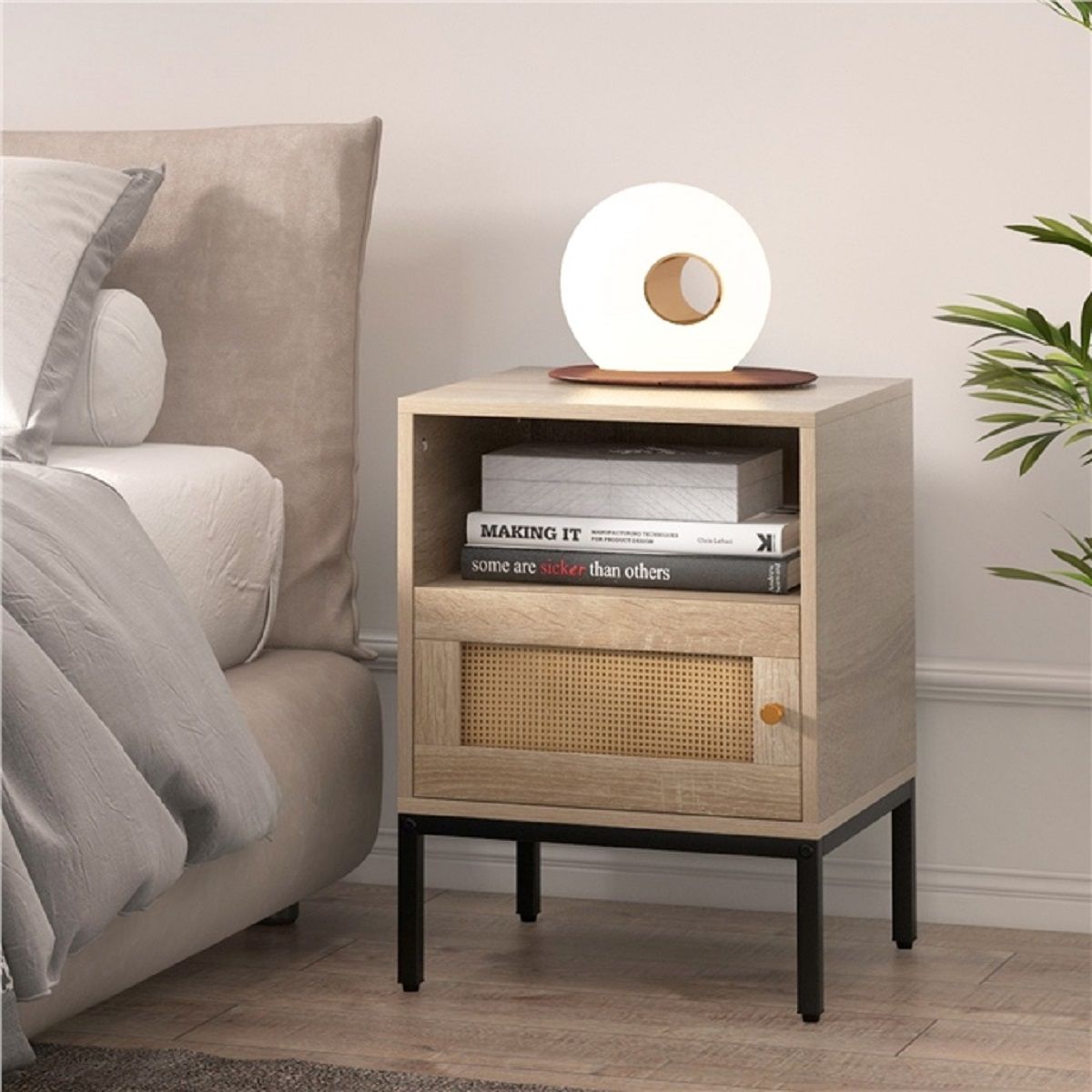 Coast 2-teiliges Set aus Rattan-Nachttischen – offenes Regal und Schrank – Naturholz – 40 x 40 x 57 cm