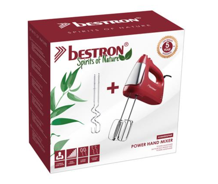 Bestron AHM400SPNR Handrührgerät – 300 W – 6 Geschwindigkeitsstufen – Turbo-Funktion – Rührbesen und Knethaken aus Edelstahl – 19 x 8 x 15 cm – Rot