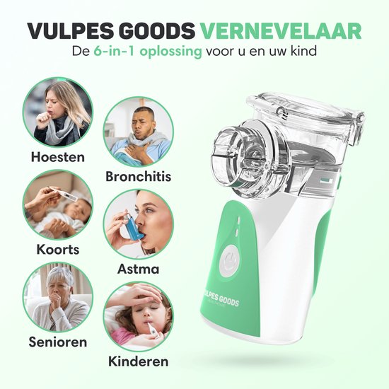 Vulpes Goods® HealthCare - Aerosolgerät - Ultraschallvernebler Inhalator - Vernebler - Inhalationsgerät für Kinder, Erwachsene & Babys - Hilft gegen Atemwegserkrankungen - Inkl. 3 Düsen & Deluxe Reisetasche
