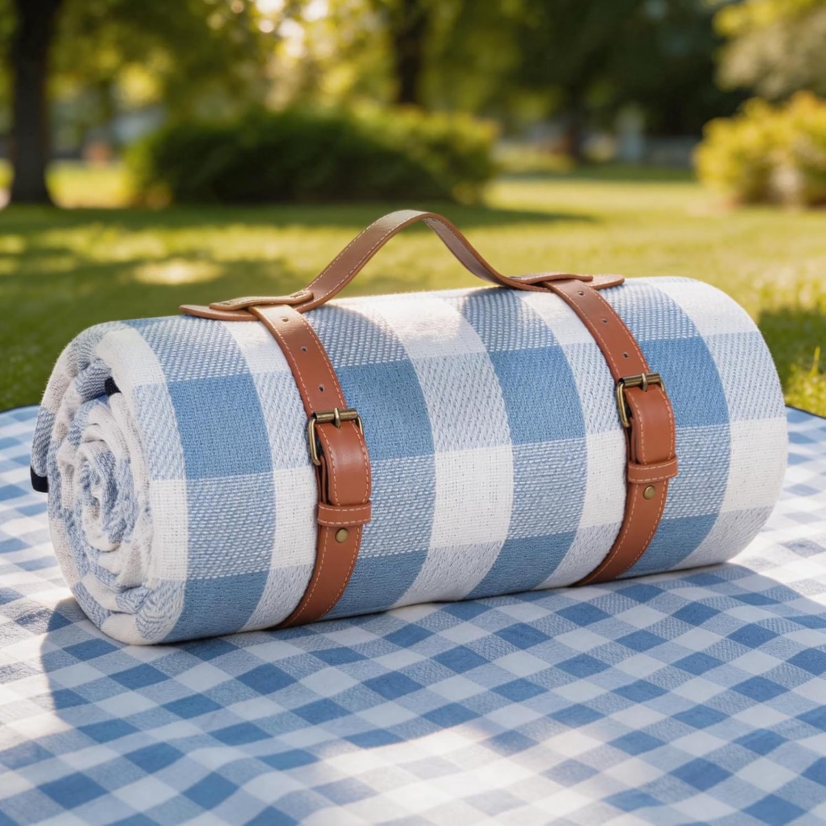 Picknickdecke XXL mit wasserdichter Unterseite – 200 x 200 cm – Ledergriff – Himmelblau/Weiß