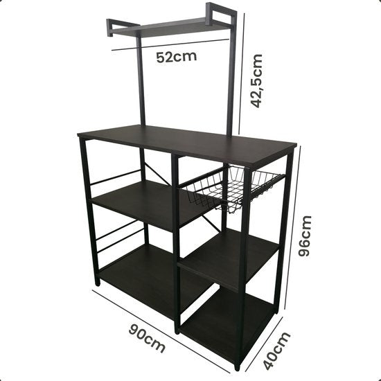 Goliving Küchenschrank - Küchenregal Upright - Mikrowellenschrank - Organizer - Metall - Holz - 90 x 40 x 132 cm - Schwarz