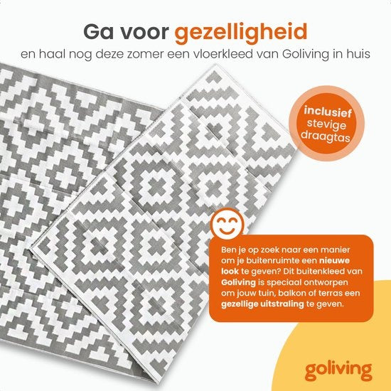 Goliving Outdoor-Teppich Summer Diamond - Gartenteppich - Outdoor-Teppich - Teppich - Gartenteppich - Reversibel - Inkl. Tragetasche - 183 x 290 cm - Grau/Weiß