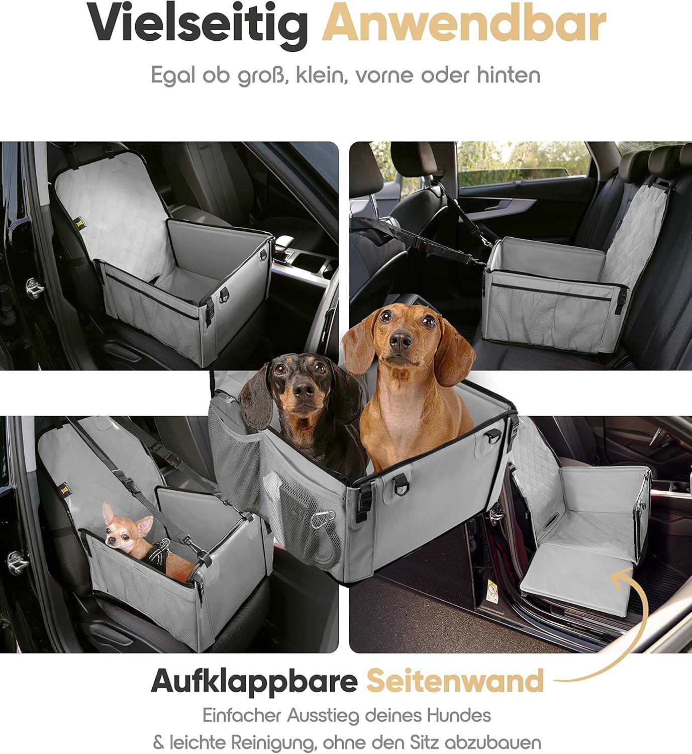 HELDENWERK Hundeautositz, extra stabil, verstärkte Wände, 5 Gurte, wasserdichter Hundeautositz für Rück- und Vordersitz, grau, Standardgröße