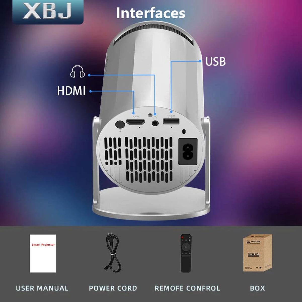 XBJ Tragbarer Mini-Beamer Silber 14 x 12 x 21,8 cm - WLAN 6 & Bluetooth 5.2 - Android 11 - 1080p & 4K-Decodierung - um 180° schwenkbar - 200 ANSI-Lumen