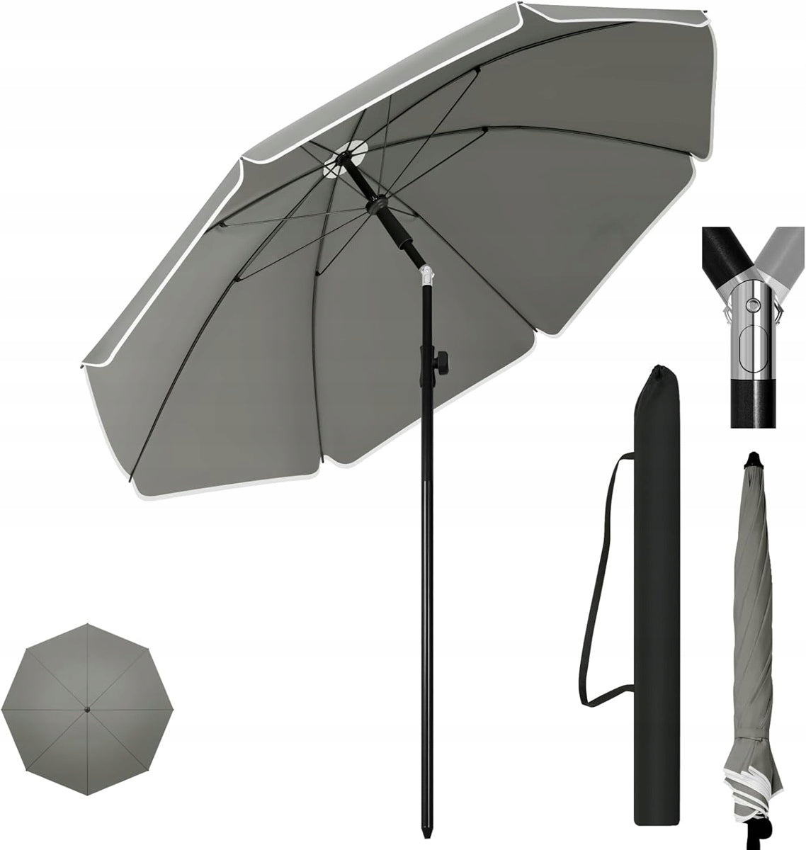 Woltu Strandschirm, zusammenklappbar – Grau – Wasserabweisend – 175 x 203 cm