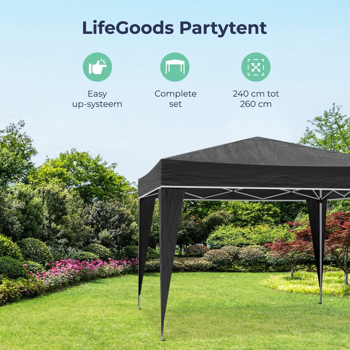 LifeGoods Partyzelt - Pavillon - 3x3 m - Einfacher Aufbau - Zusammenklappbar - Wasserdicht - Mit Tragetasche - Schwarz