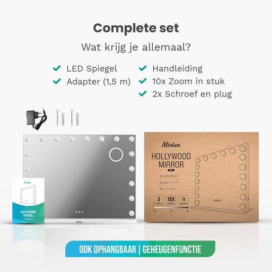 Mirlux Large Hollywood Mirror 80x60CM - LED-Beleuchtung - USB & USB-C Ladeanschlüsse - Make Up - Weiß