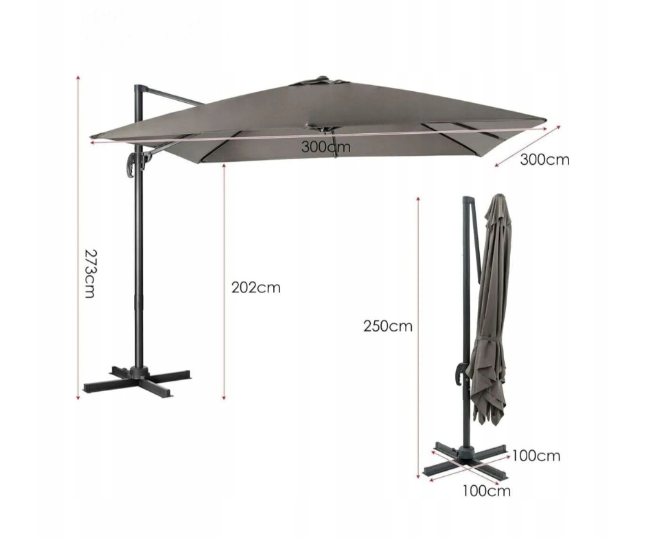 Coast Terrassen-Sonnenschirm - 3 Neigungen - 360 Grad Drehung - 300 x 300 x 273 cm - Grau