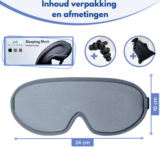 Hilvard - Schlafmaske - Augenmaske - Inklusive Schlaf-Ohrstöpsel - 100% Verdunkelung - Verstellbar - Ergonomisch - Grau
