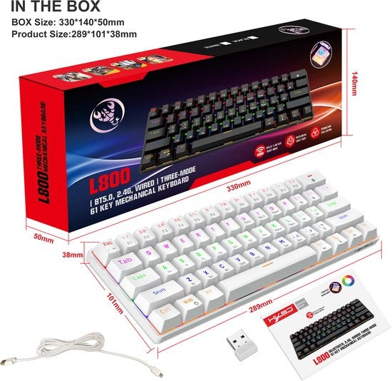 HXSJ L800 Wireless Mechanical TKL Gaming Keyboard - RGB - Wired / 2.4GHz RF / Bluetooth - QWERTY - 61 Tasten - Blauer Schalter - Weiß