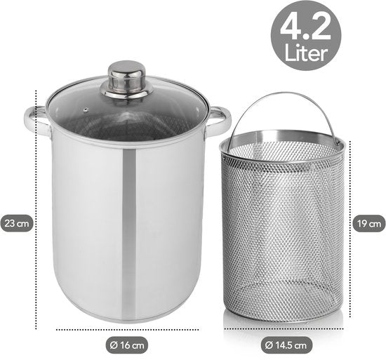 Aviro Spargelpfanne - Nudelpfanne - Ø 16,5 cm - 23cm hoch - 4,2L - Multifunktional - Für alle Wärmequellen geeignet - Edelstahl