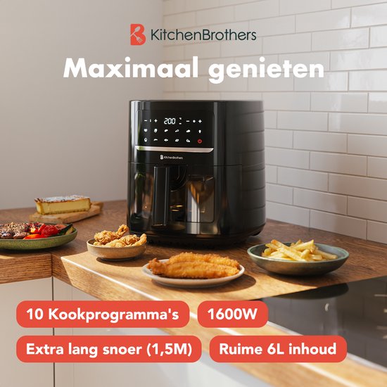 KitchenBrothers Airfryer XL - 6L - 1600W - Heißluftfritteuse - 50ºC bis 200ºC - 10 Kochprogramme - Schwarz
