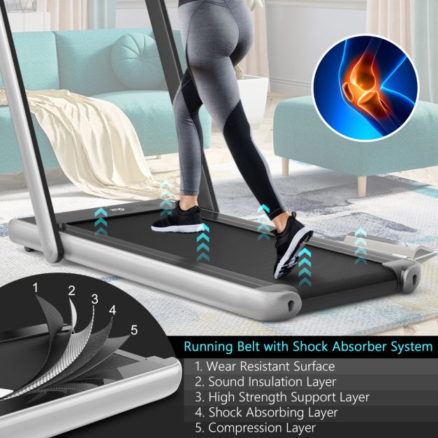 2-in-1 faltbares elektrisches Laufband - Silber - mit Bluetooth-Lautsprecher, doppelter LED-Anzeige und 40x100 cm Lauffläche