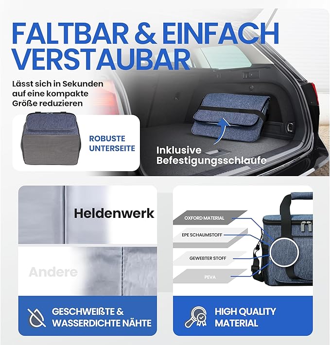 Heroism Große faltbare Kühltasche - Isolierte Kühltasche, Thermotasche, auslaufsicher und wasserdicht - Picknick- und Lunch-Tasche - 30 L - Dunkelgrau