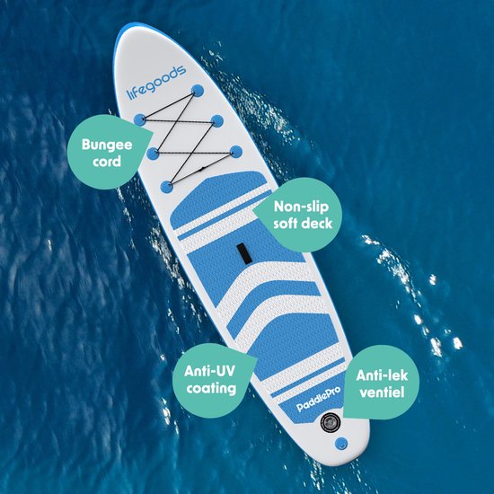 LifeGoods PaddlePro SUP-Board 320 x 81 x 15 cm – Aufblasbar – Komplettset – 150 kg – Weiß/Himmelblau