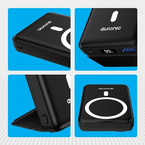 Auronic Powerbank - 10.000 mAh - 22,5W - iPhone 12/13/14/15 Schnellladegerät - Magnetisches und drahtloses Laden - Schwarz