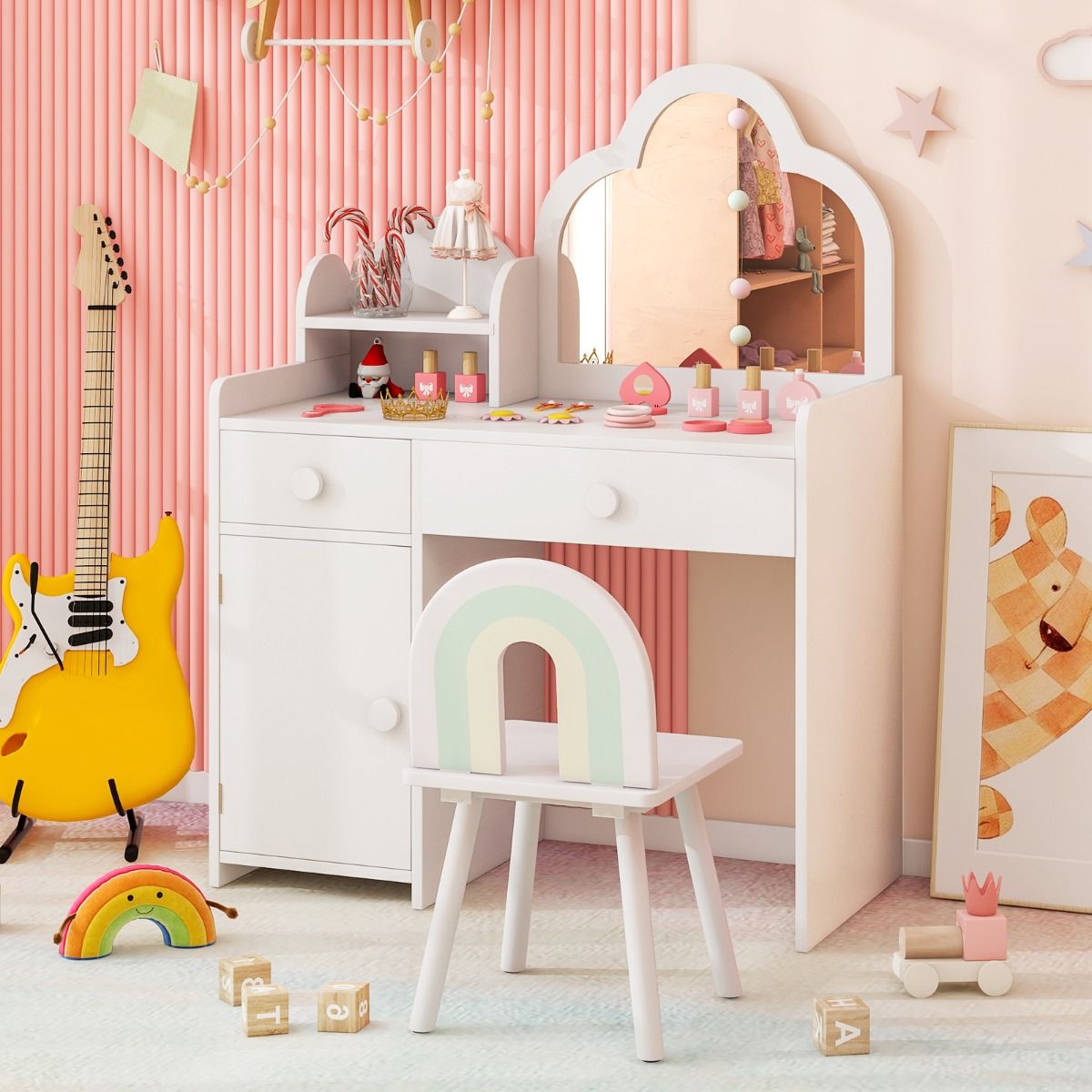 Coast Kinder-Frisiertisch-Set – Spiegel in Wolkenform – 2-in-1-Frisiertisch mit Hocker – weiß