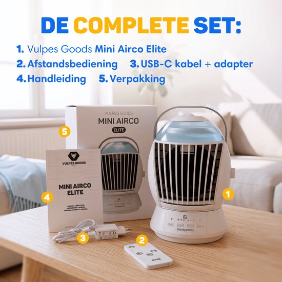 Vulpes Goods® Tech – Mini-Klimaanlage ELITE – Mobiler Luftkühler mit Fernbedienung – 6-in-1-Luftkühler – 3 Luftbefeuchtungsstufen mit Schwenkfunktion – 3 Windgeschwindigkeiten – 100 % auslaufsicher – Inkl. Kabel und Adapter im Lieferumfang enthalten – Für