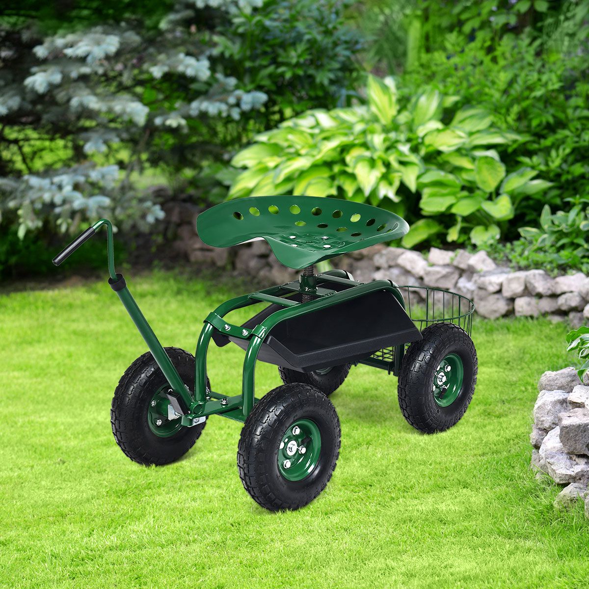 Coast Gartenwagen mit Aufbewahrungskorb – höhenverstellbarer Griff – ergonomischer Sitz – grün