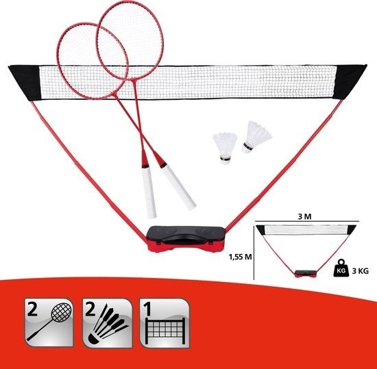 Donnay Badminton Set - 2 Personen - Badmintonschläger - Schläger - Badmintonnetz - Inkl. Reisekoffer - Schwarz/Rot