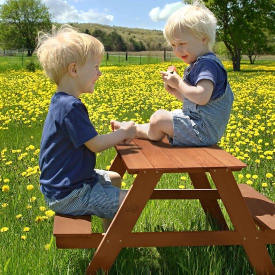 Sunny Dave Picknicktisch in Braun – Multifunktionaler Picknicktisch für Kinder – FSC-zertifiziertes Holz – 89 x 89 x 50 cm