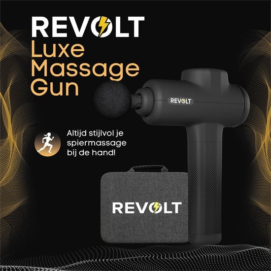 Revolt® Luxus-Massagepistole - extra stark - für die Erholung der Muskeln und bei Verletzungen - hohe Amplitude - 6 verschiedene Geschwindigkeiten - 6 Aufsätze - Luxus-Aufbewahrungskoffer