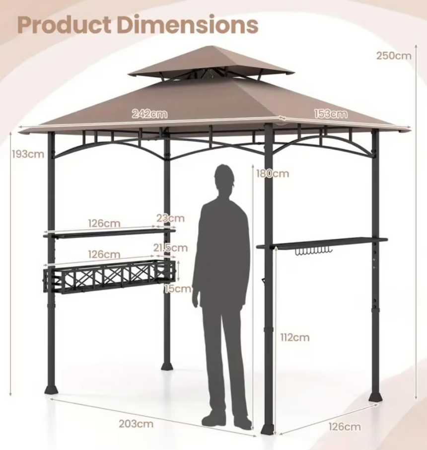 Coast 242 x 153 cm Brauner Grill-Gazebo mit 2 Beistelltischen und 10 Haken
