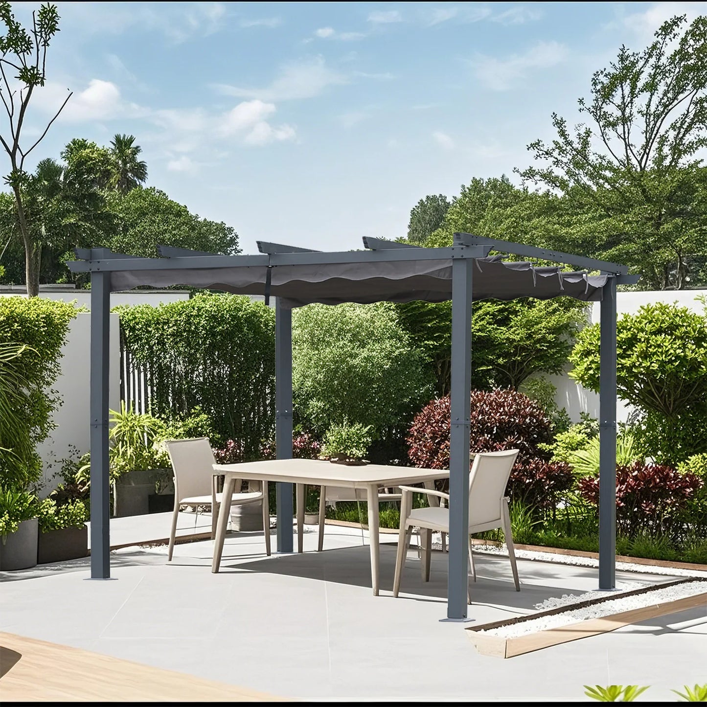 Angel Living Aluminium-Pergola 3×4 m Beige – Verstellbares Polyester-Dach, Dachrohre aus Stahl, pulverbeschichtet