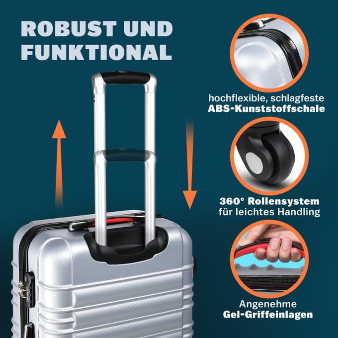 Monzana 3-teilige Kofferset - Hartschalenkoffern - Strapazierfähig und leicht - M/L/XL - Silber