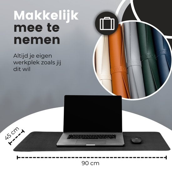 WURK Professionelle Schreibtischunterlage aus Kunstleder - Schreibtischorganisation - Schreibtischzubehör - Mauspad XXL- Inklusive Kabelclip - 90x45 - Schwarz